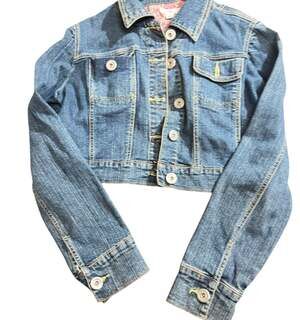 Cato Women's Cropped Blue Denim Jacket with Studded Heart Embroidery